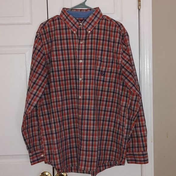 Chaps Easy Care navy reddish orange plaid button down shirt  Sz L - Picture 1 of 4